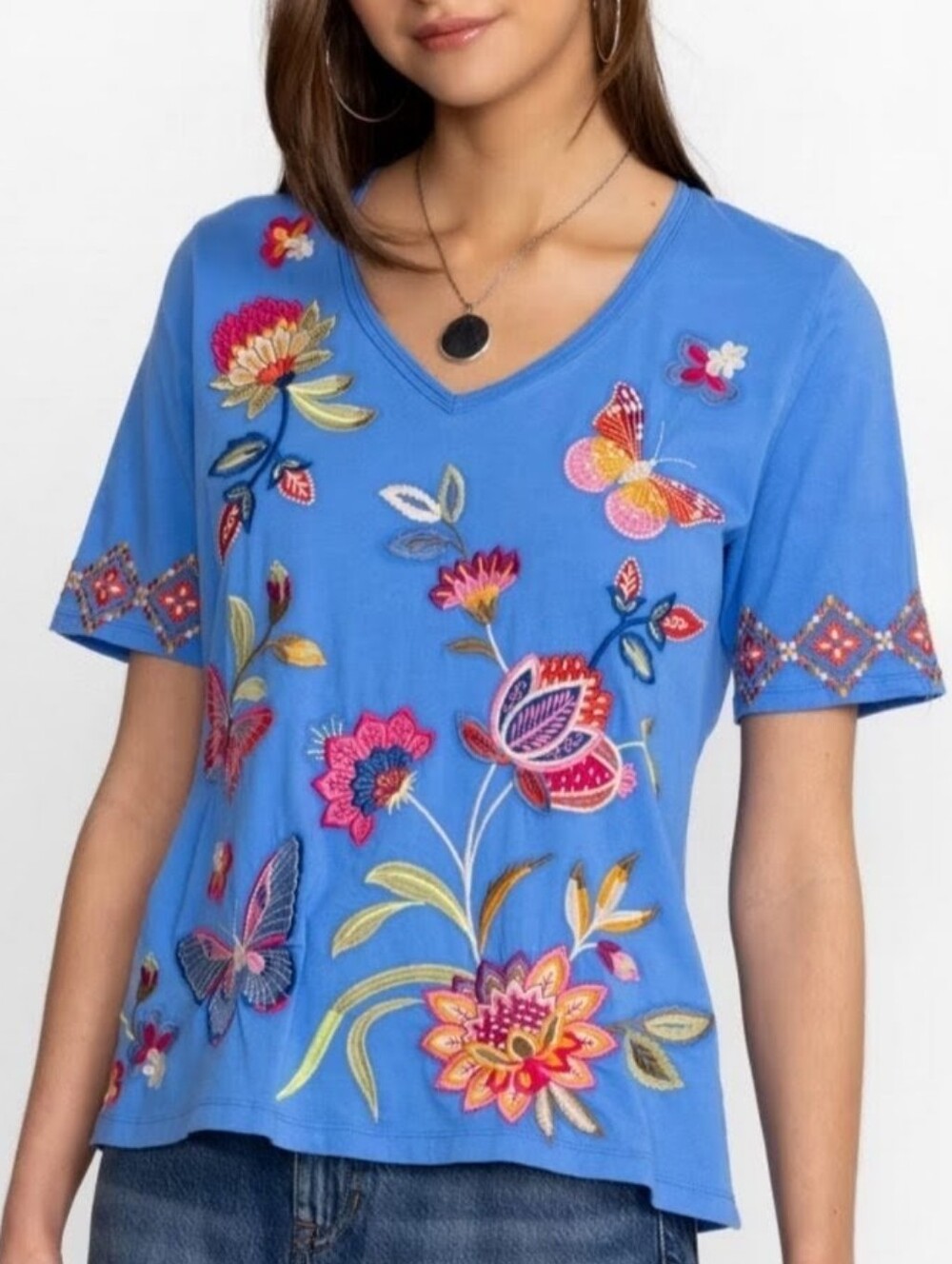 Johnny Was 🦋 Blue Embroidered Floral & Butterfly Tee Shirt Size Small